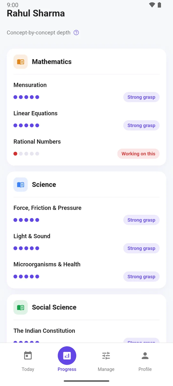 The Parent app Progress view — concept-level retention states