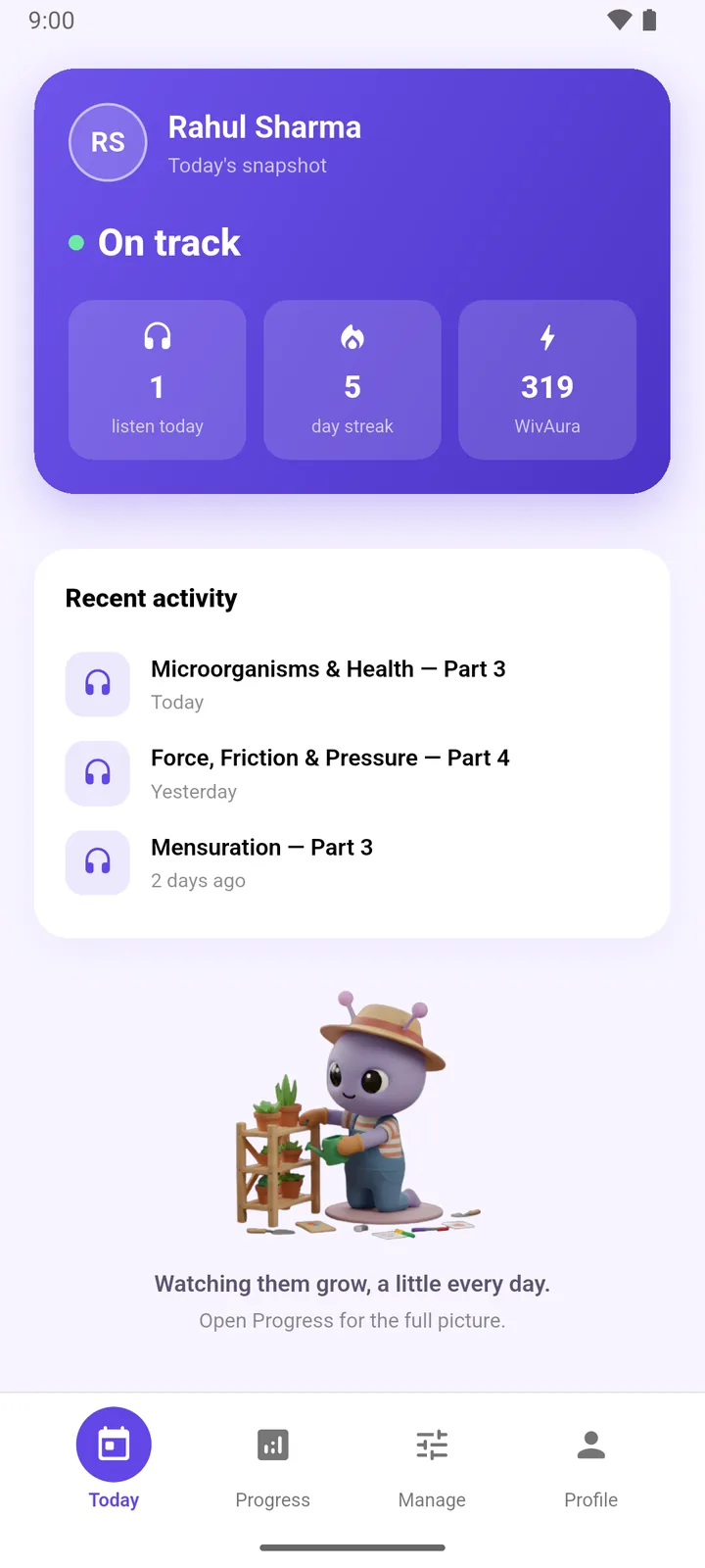The Wivme Parent app Today view — the child's day at a glance